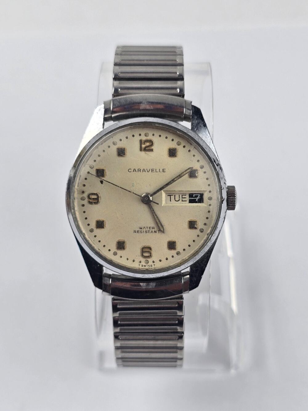 Vintage Caravelle Mens Mechanical Watch 33mm Cream Dial Flex Band - hard to set